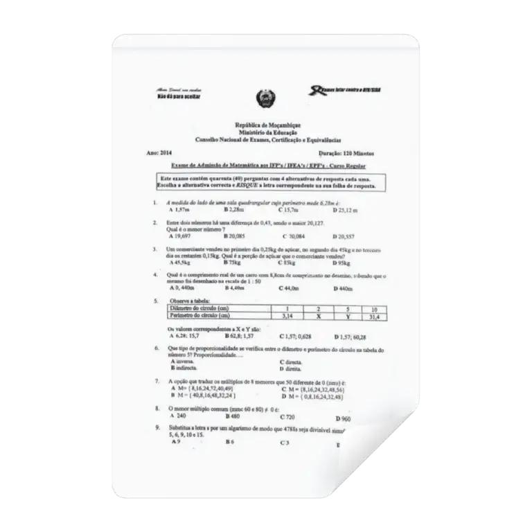 Exame de Admissão IFP Matemática pdf.